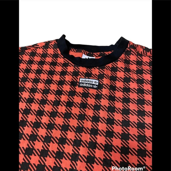Adidas Red/Black Checked Crop T-Shirt Sz L - Picture 5 of 9